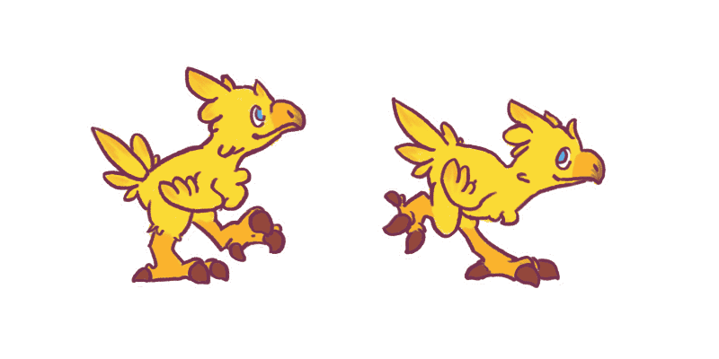 two chocobos walking in a line