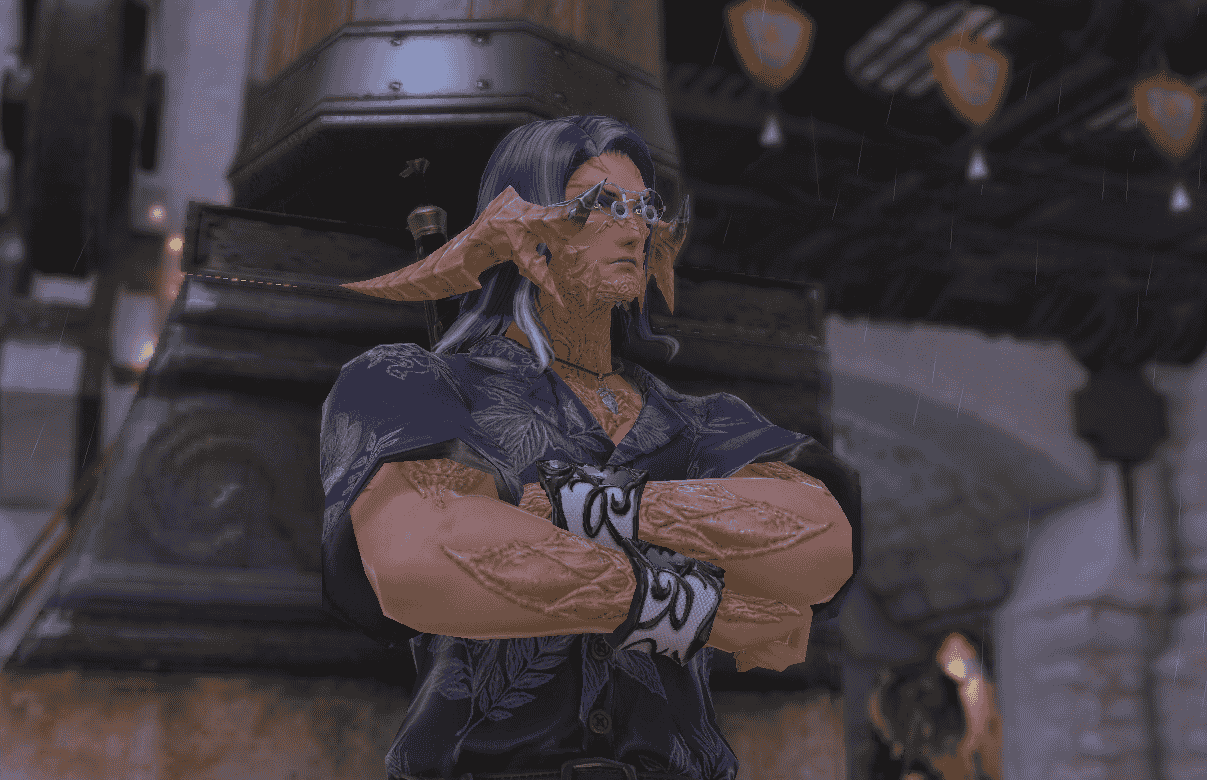 a final fantasy 14 character who is tall with light skin, glowing white eyes, long straight blue hair that's white at the tips, and horns and scales the same colour as his skin. he is wearing glasses, a necklace, bracelets, and a purple hawai'ian shirt.